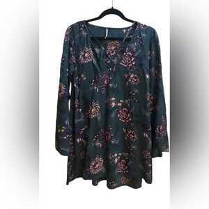 Free People Floral Tunic Blouse Medium Green Boho Bell Sleeve dress